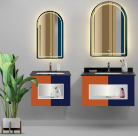 Bộ tủ lavabo kèm gương đèn led màu cam - xanh hiện đại