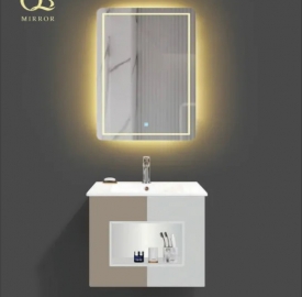 Bộ tủ lavabo kèm gương đèn led màu nâu - xám nhẹ nhàng thư giãn cho phòng tắm